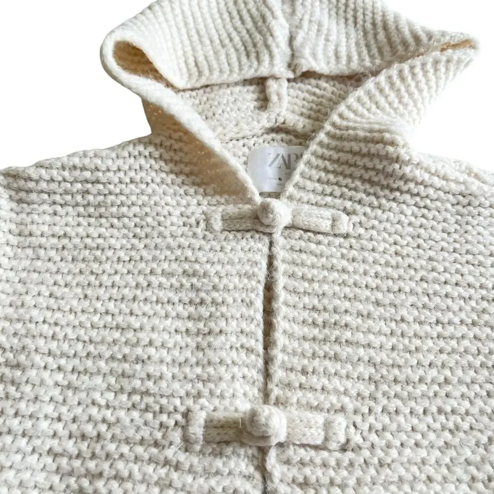 Zara Girls Ecru Neutral Pearl Stitch Hooded Long Cardigan Sweater Size 11-12